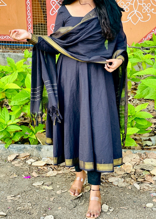 Black mangalagiri cotton Anarkali suit set in Cotton – Anarkali Set by Dharvi by Rachana (view 2)