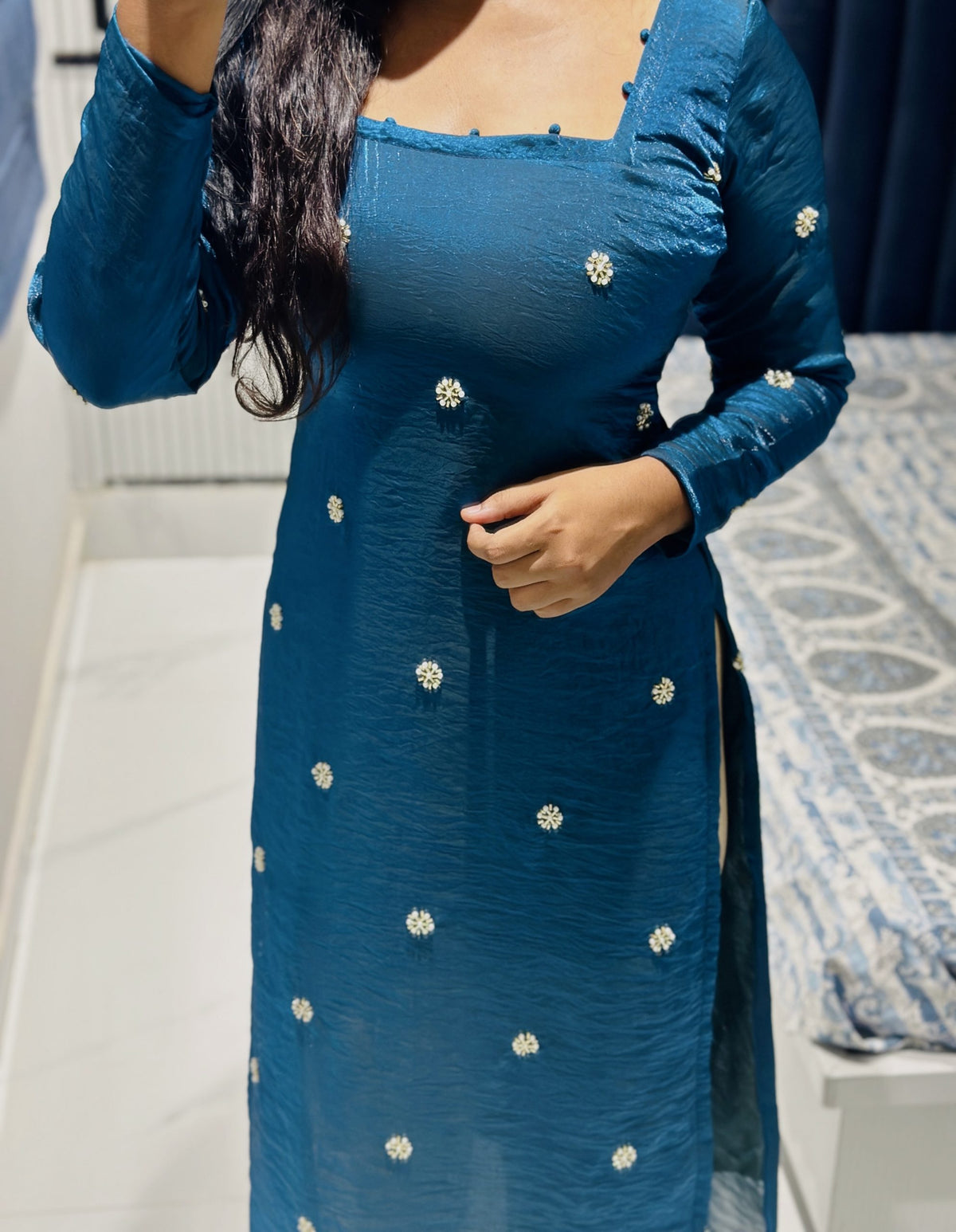 teal blue butta embroidered kurti in Space Silk – Kurta Set by Dharvi by Rachana