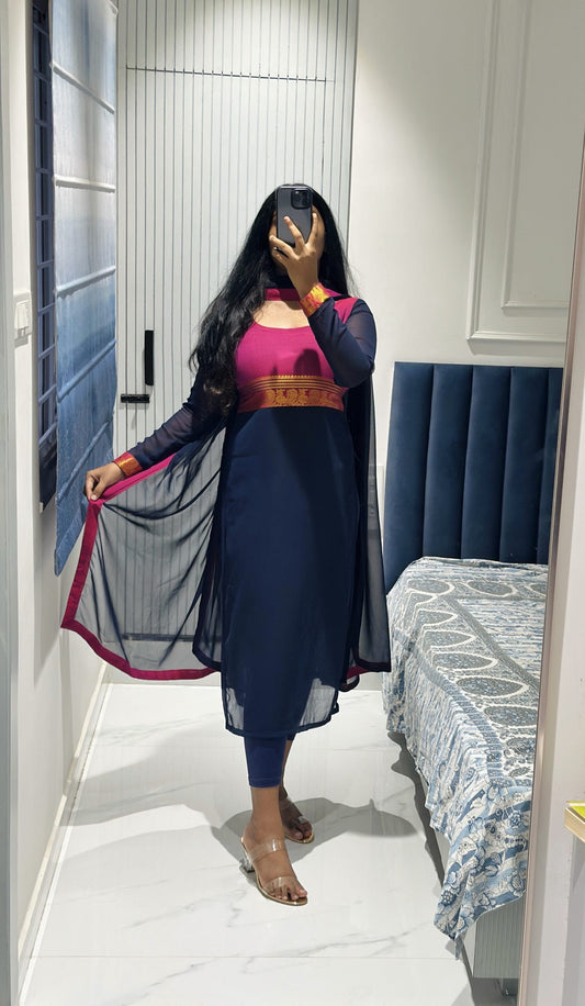 Dark blue yoke design kurta set in Chiffon – Kurta Set by Dharvi by Rachana (view 2)