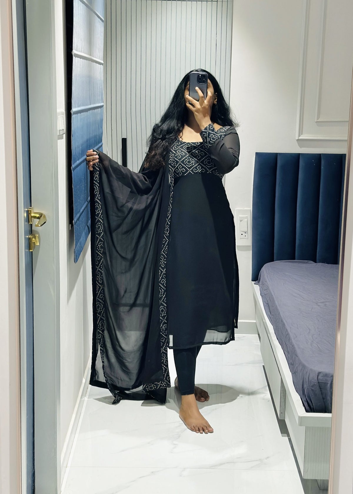 Black yoke design kurti set in Chiffon – Kurta Set by Dharvi by Rachana