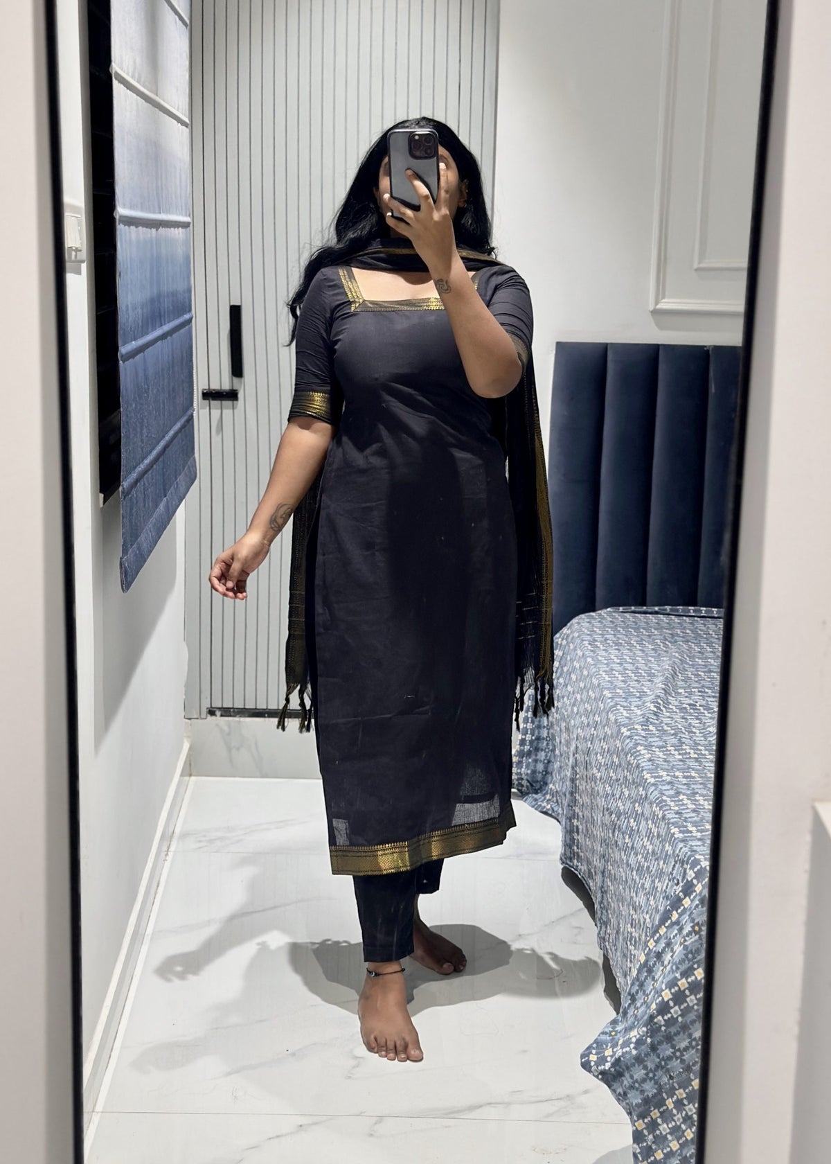 Black mangalagiri kurti set in Cotton – Kurta Set by Dharvi by Rachana