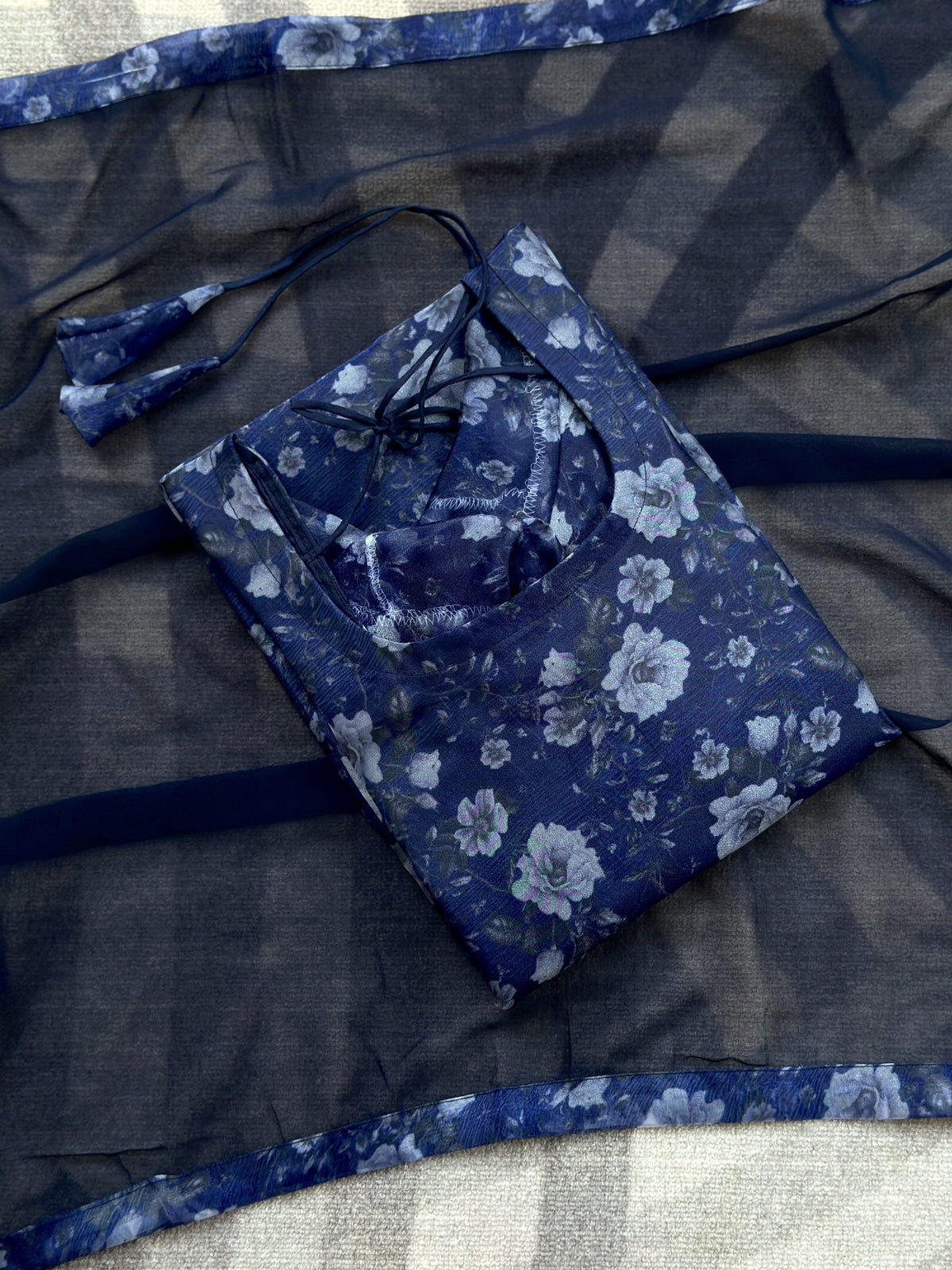 Dark blue floral organza kurti in Organza – Kurta Set by Dharvi by Rachana
