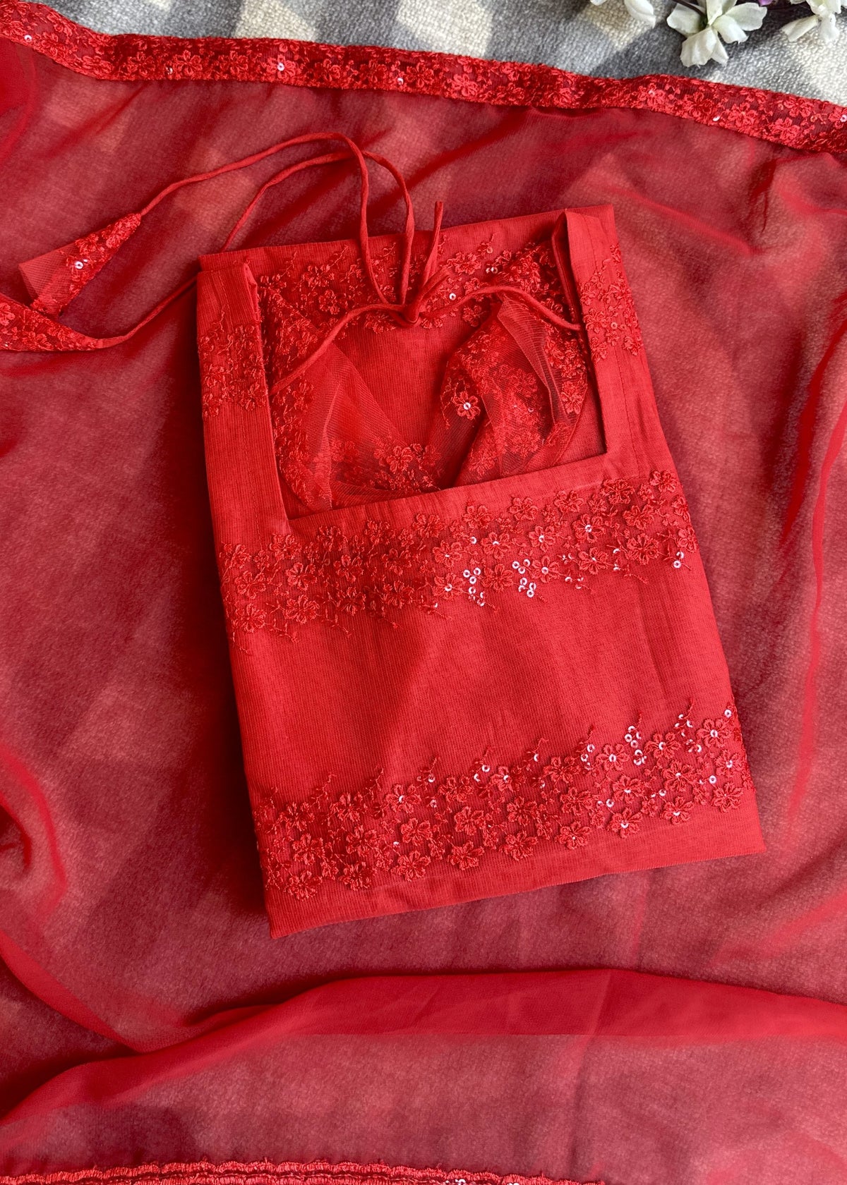 Cherry red sequins embroidered kurti set in Georgette Net – Kurta Set by Dharvi by Rachana