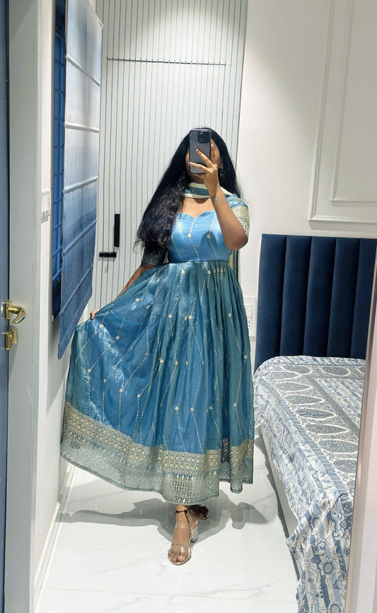 Powder blue Anarkali in Space Silk – Anarkali Set by Dharvi by Rachana