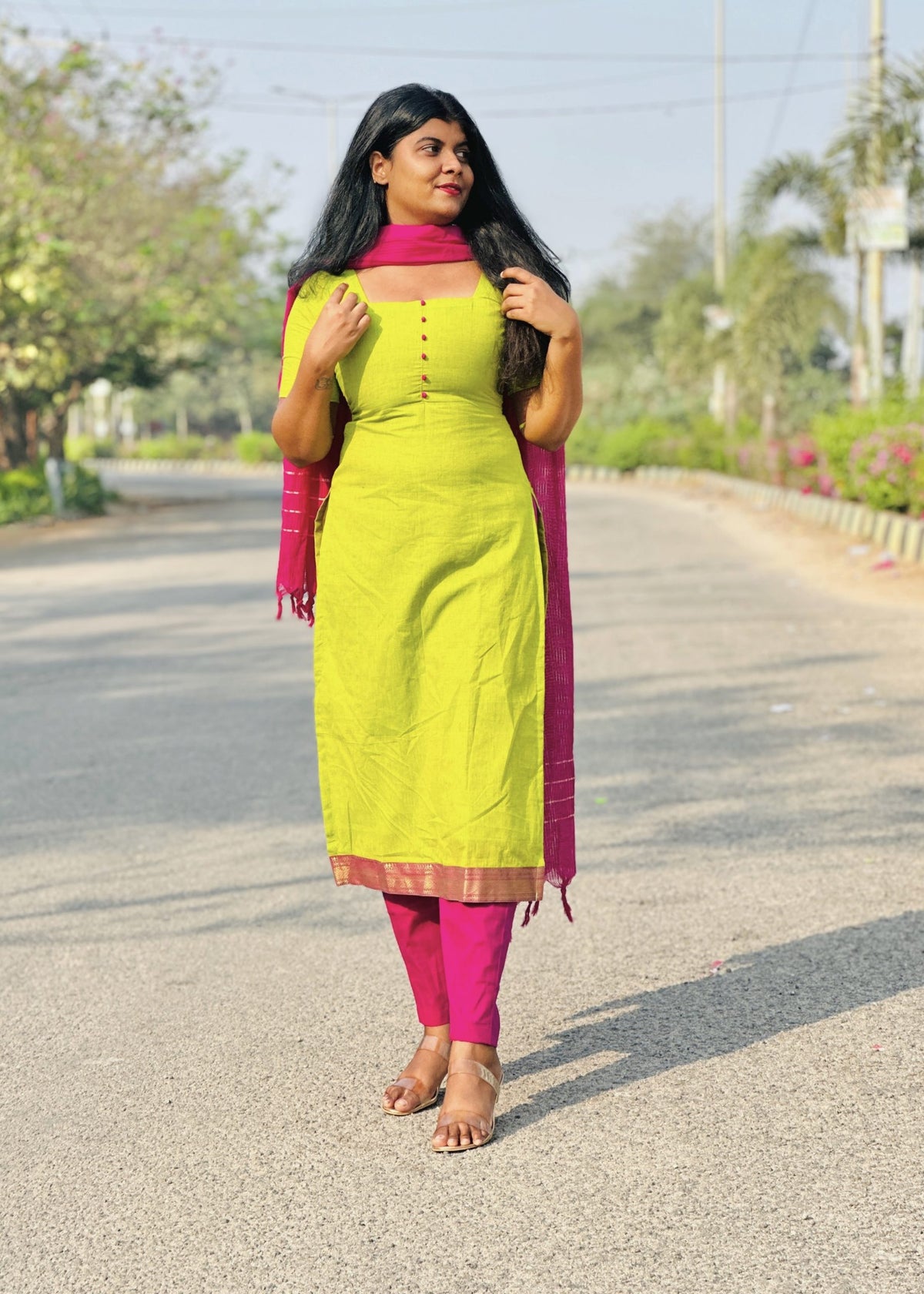 Lime green & magenta mangalagiri cotton suit set in Cotton – Kurta Set by Dharvi by Rachana