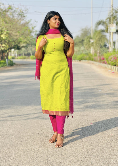 Lime green & magenta mangalagiri cotton suit set