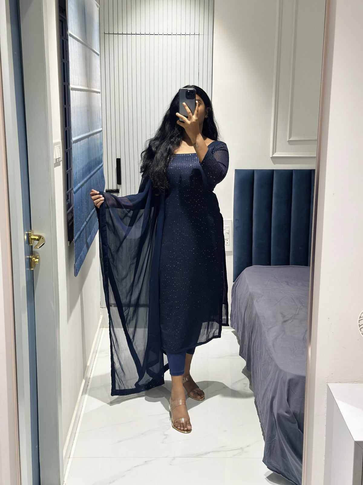 Navy blue sequins embroidered Georgette kurta in Georgette – Kurta Set by Dharvi by Rachana (view 4)