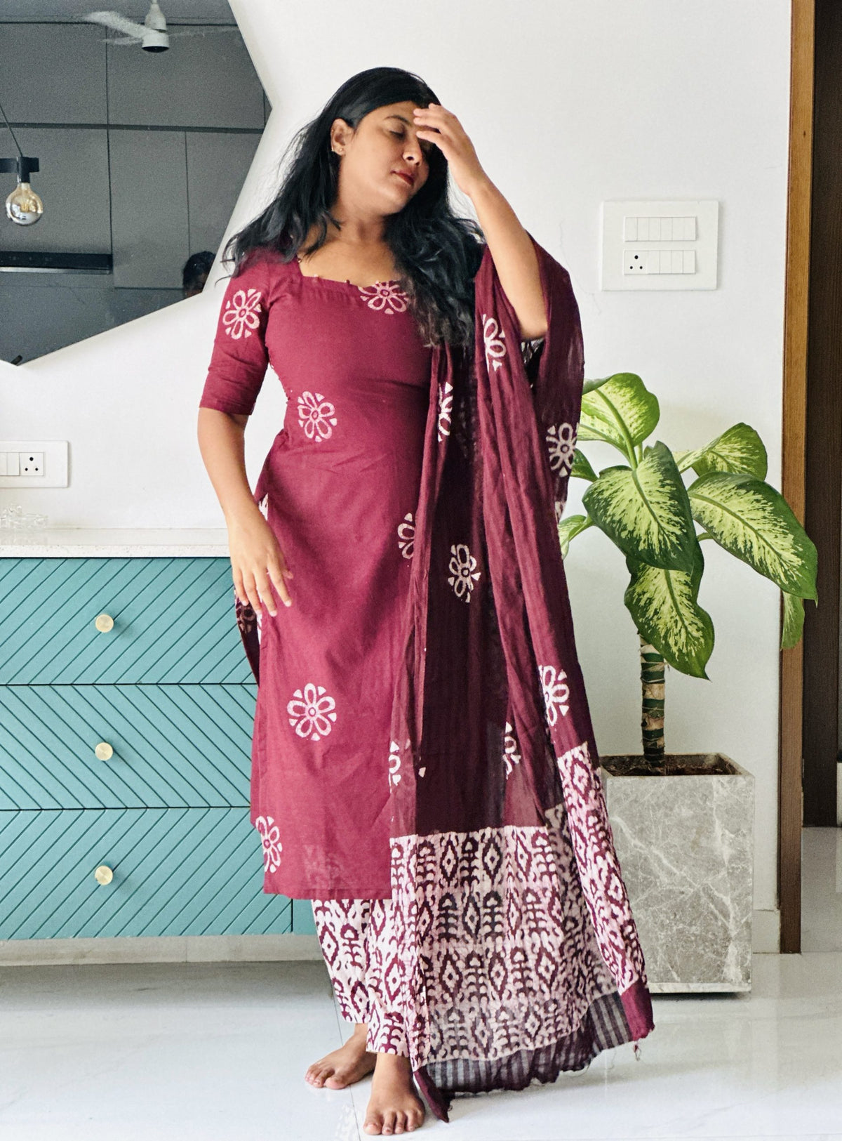 Brown batik cotton set in Cotton – Kurta Set by Dharvi by Rachana