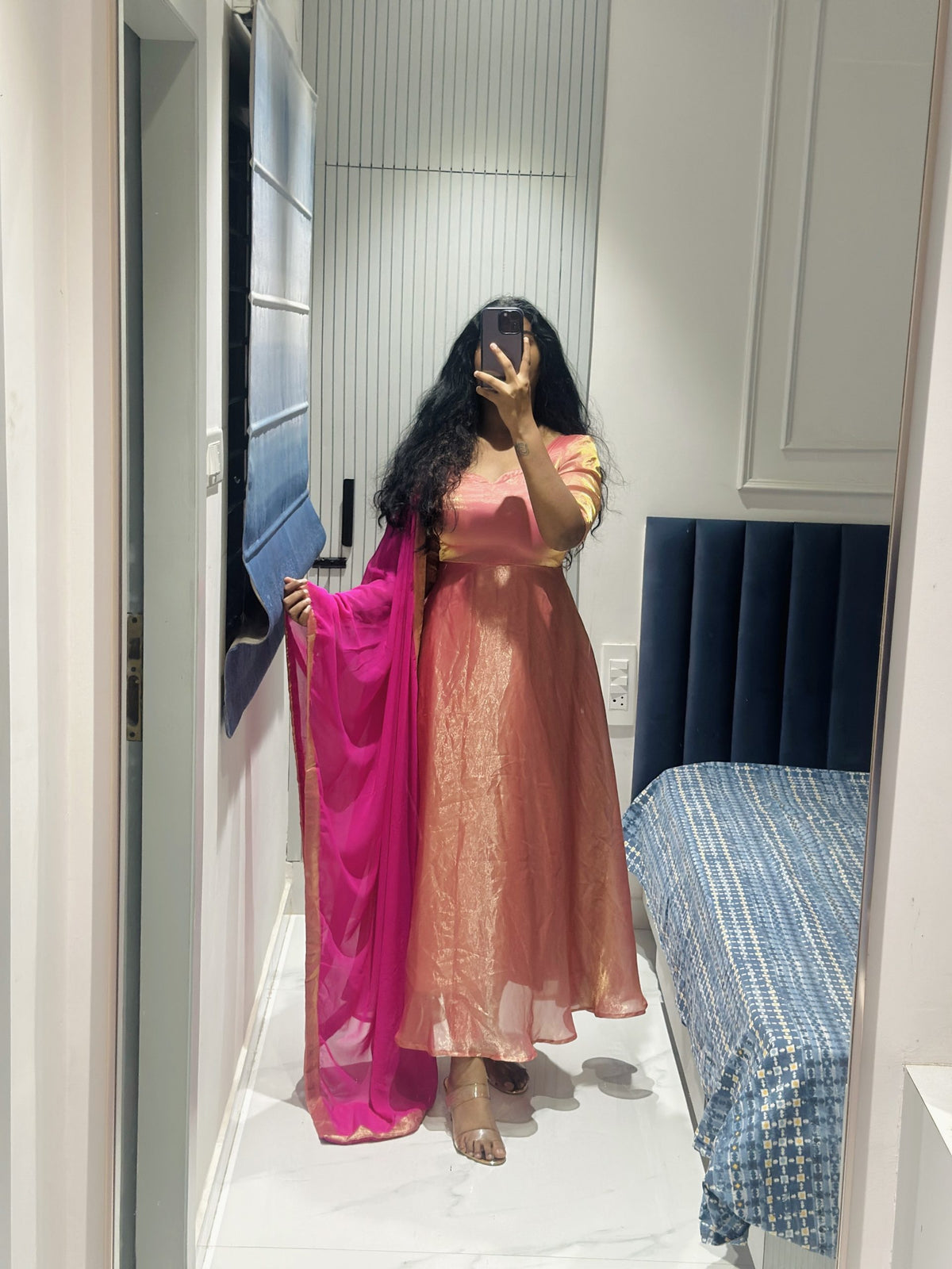 Peach pink dual shade Anarkali in Space Silk – Anarkali Set by Dharvi by Rachana