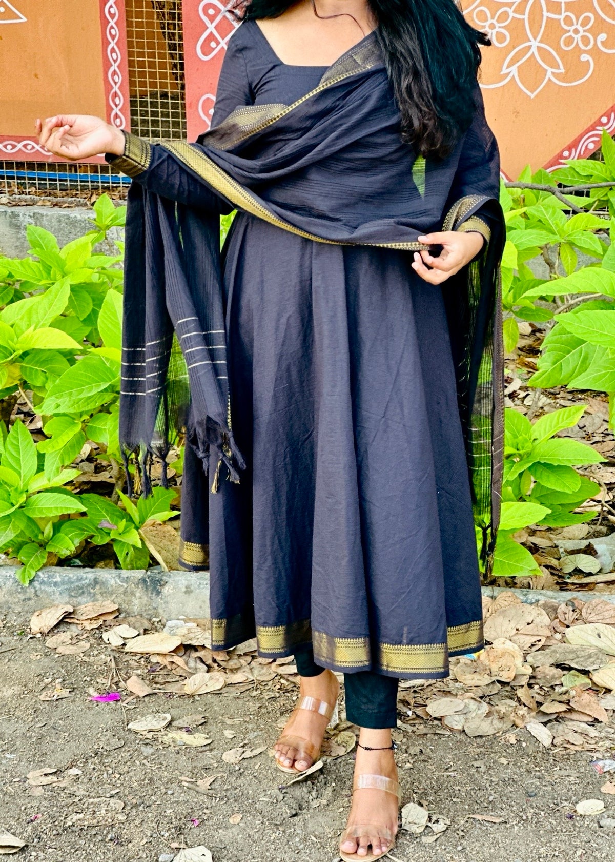 Black mangalagiri cotton Anarkali suit set in Cotton – Anarkali Set by Dharvi by Rachana (view 2)