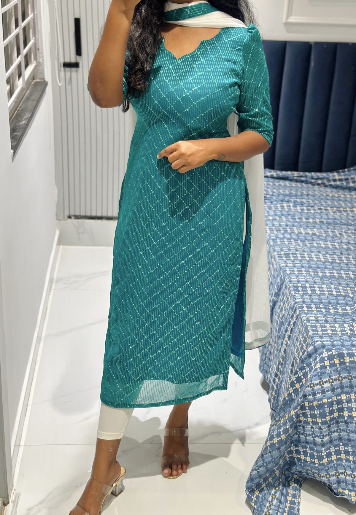 Sky blue sequins embroidered kurti in Georgette – Kurta Set by Dharvi by Rachana
