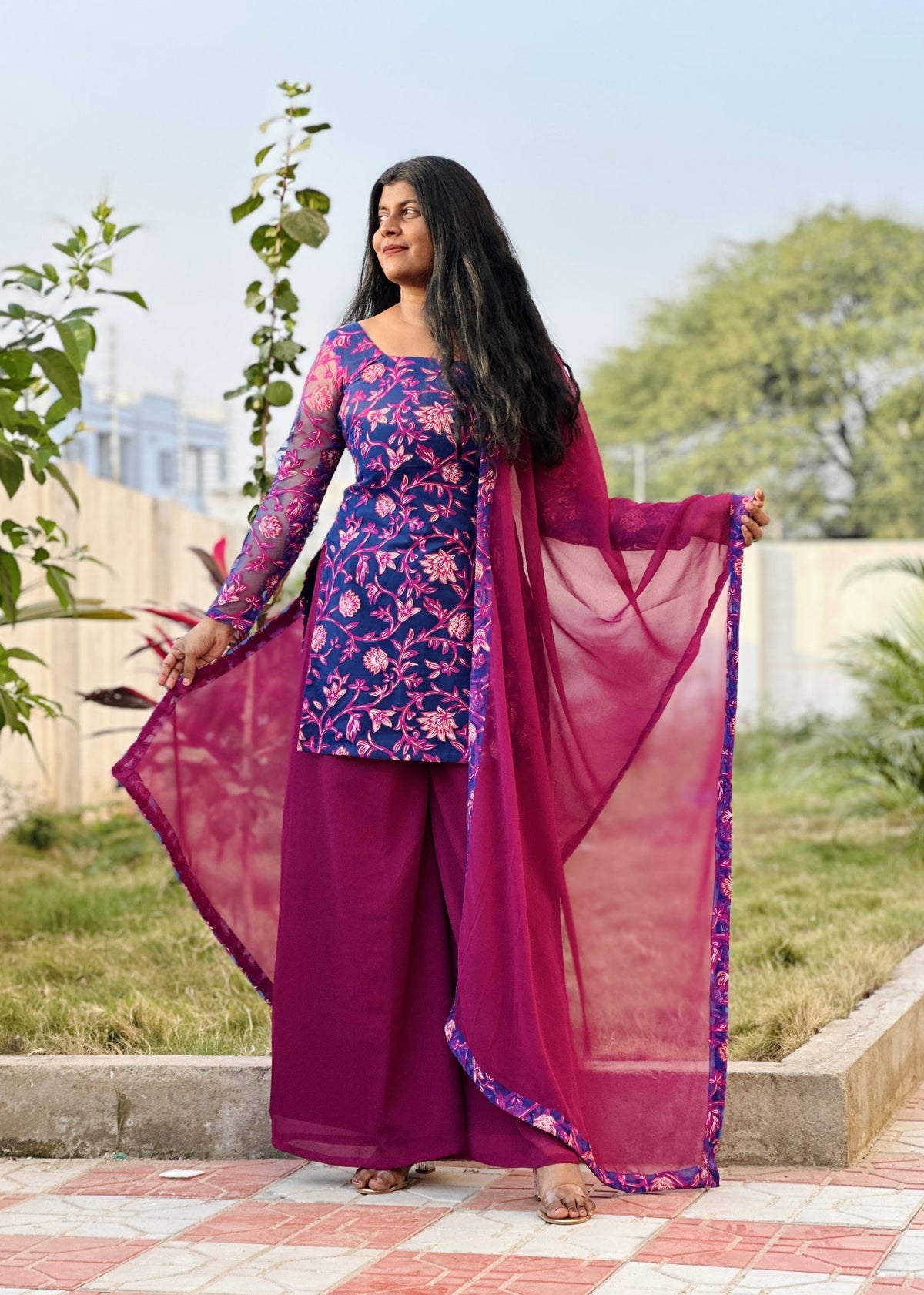 Neela purple kurta palazzo set in Georgette Net – Kurta Set by Dharvi by Rachana
