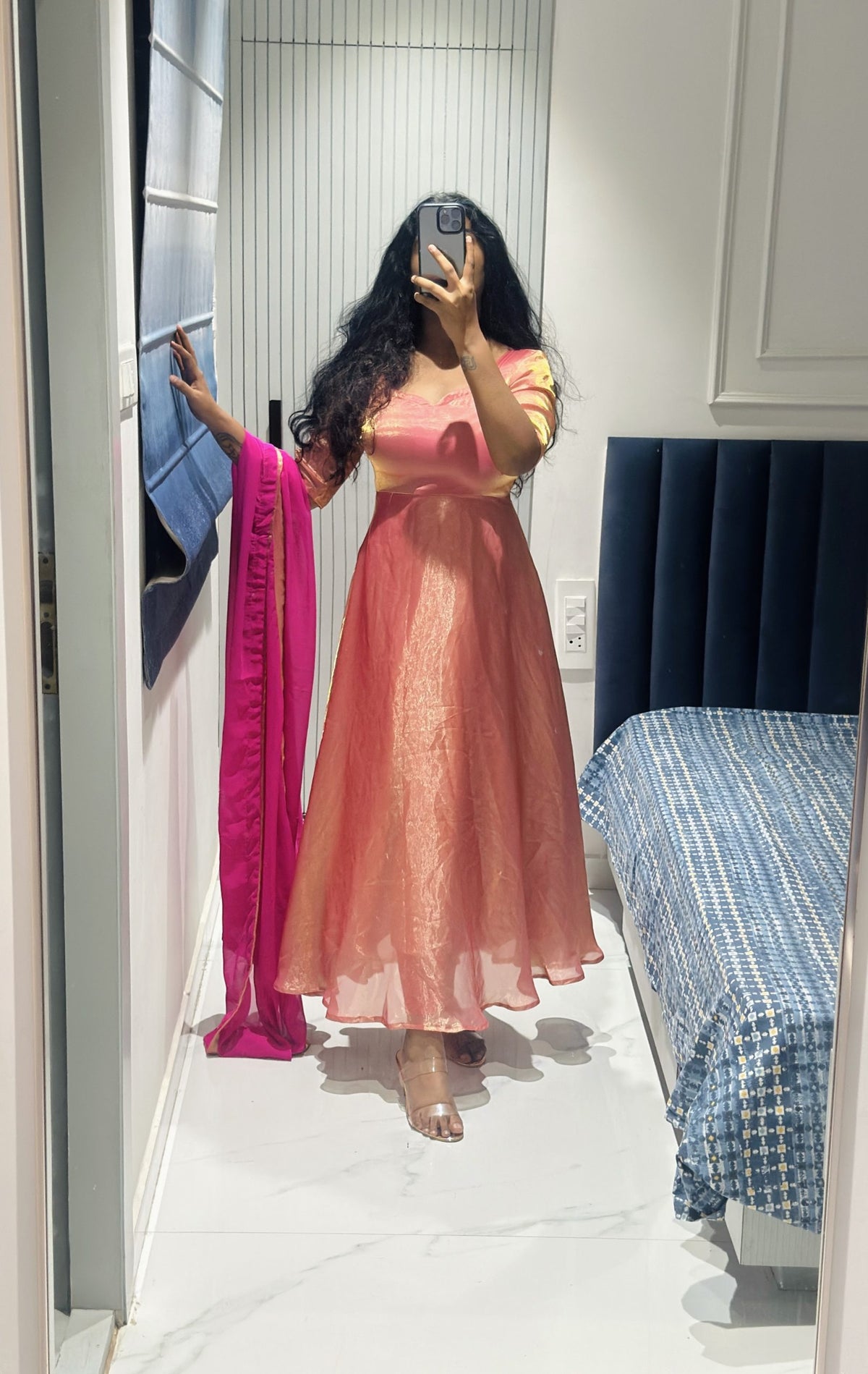 Peach pink dual shade Anarkali in Space Silk – Anarkali Set by Dharvi by Rachana