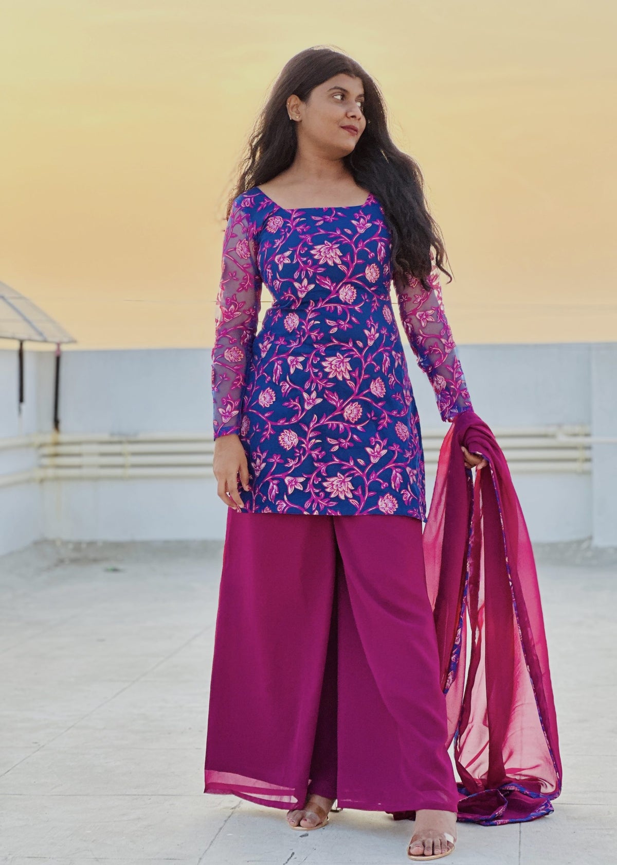 Neela purple kurta palazzo set in Georgette Net – Kurta Set by Dharvi by Rachana