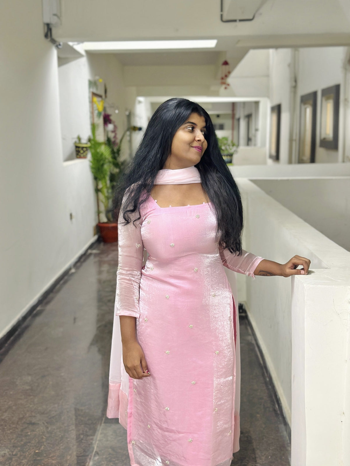 Blush pink butta embroidered kurti set in Space Silk – Kurta Set by Dharvi by Rachana