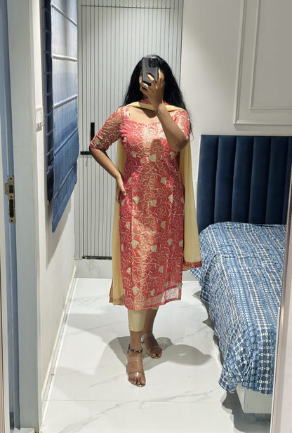 Peach tissue kurta