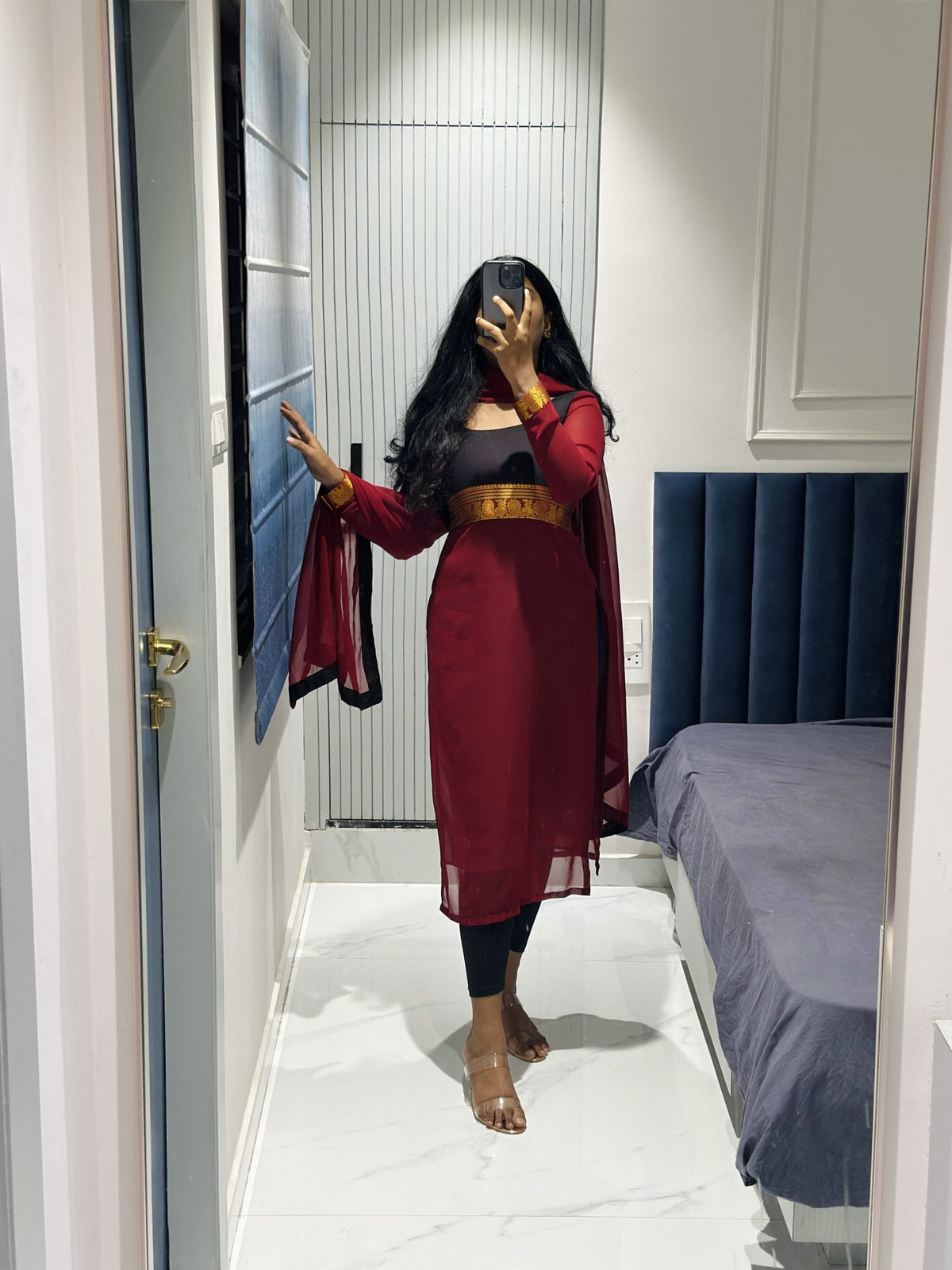 Maroon yoke design kurta in Chiffon – Kurta Set by Dharvi by Rachana