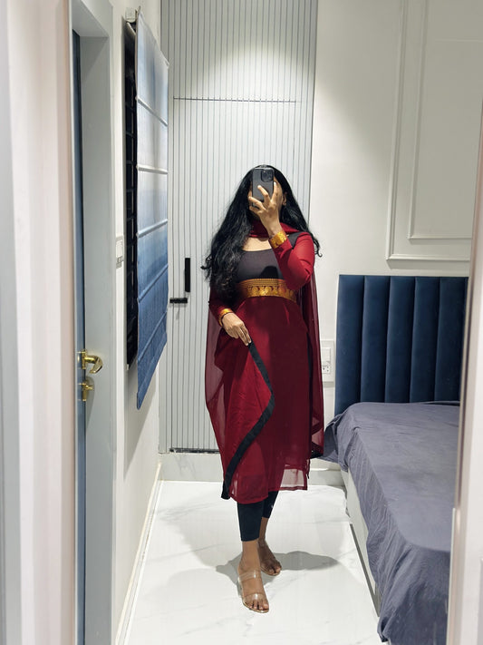 Maroon yoke design kurta in Chiffon – Kurta Set by Dharvi by Rachana (view 2)