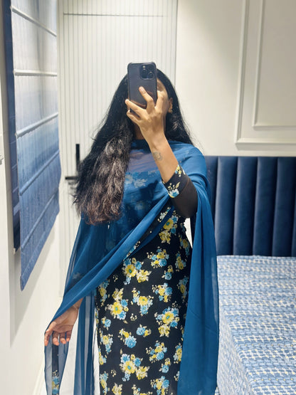 Black floral chiffon kurta