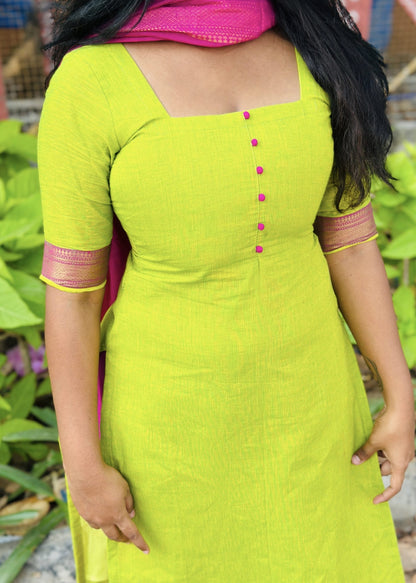 Lime green & magenta mangalagiri cotton suit set