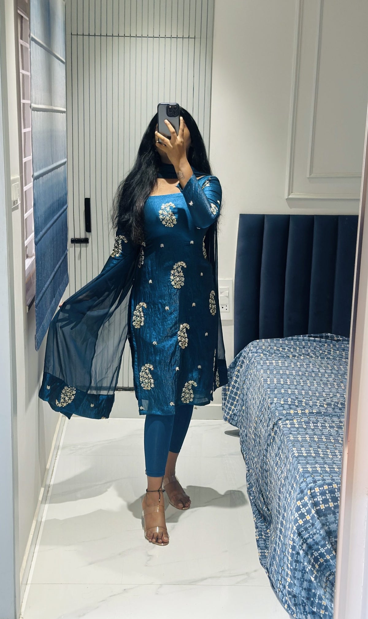 Dark Teal blue viscose tissue kurta in Viscose Tissue – Kurta Set by Dharvi by Rachana