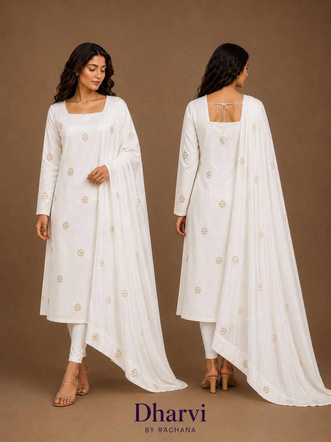 Pearl white butta embroidered kurti set in Space Silk – Kurta Set by Dharvi by Rachana (view 2)