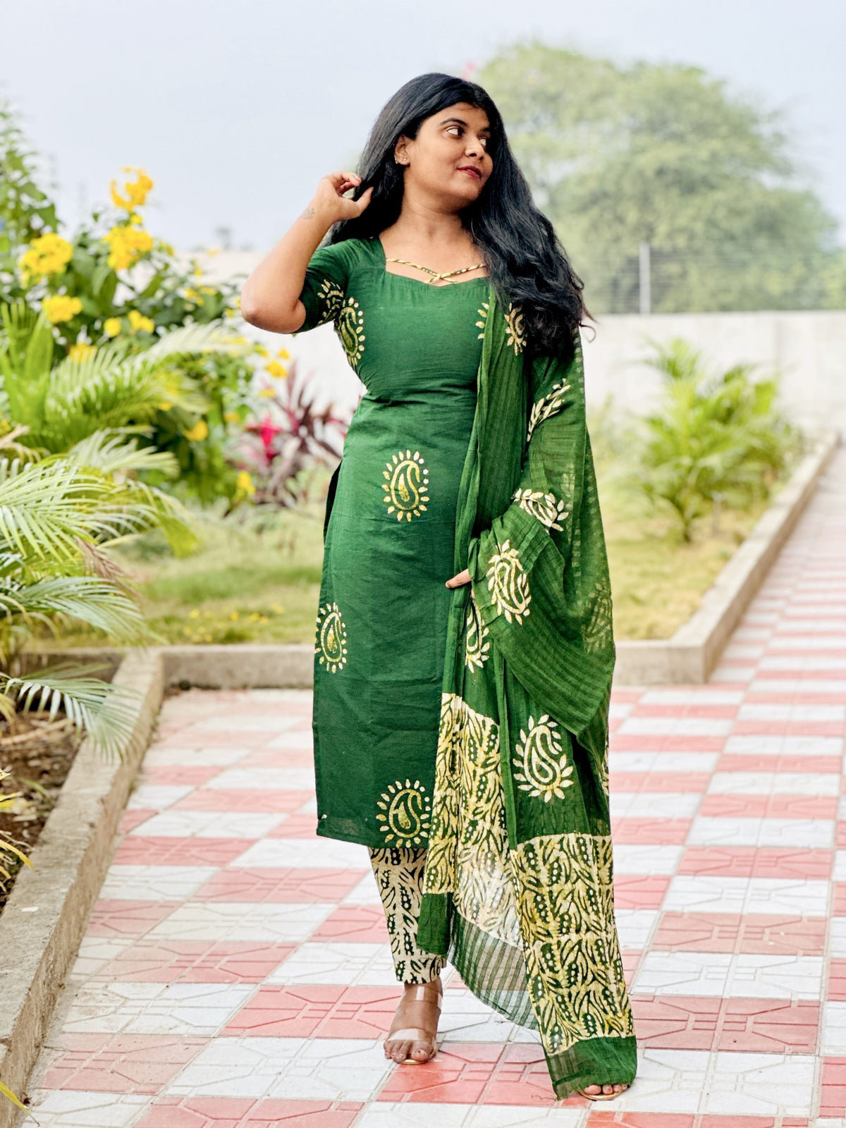 Green cotton batik suit set in Cotton – Kurta Set by Dharvi by Rachana
