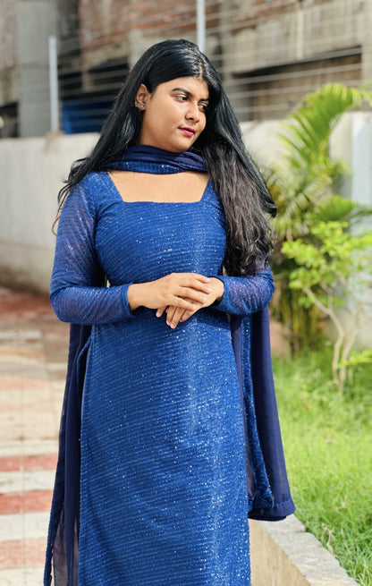 Dark blue shimmer georgette set