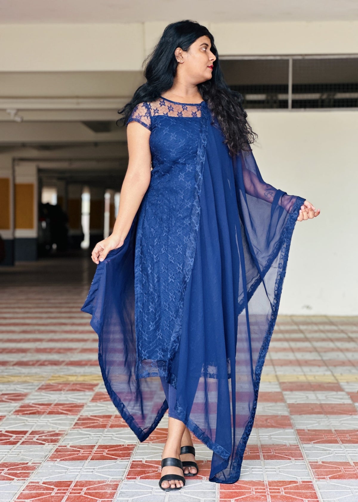Navy blue soft net lace kurti set in Lace – Kurta Set by Dharvi by Rachana
