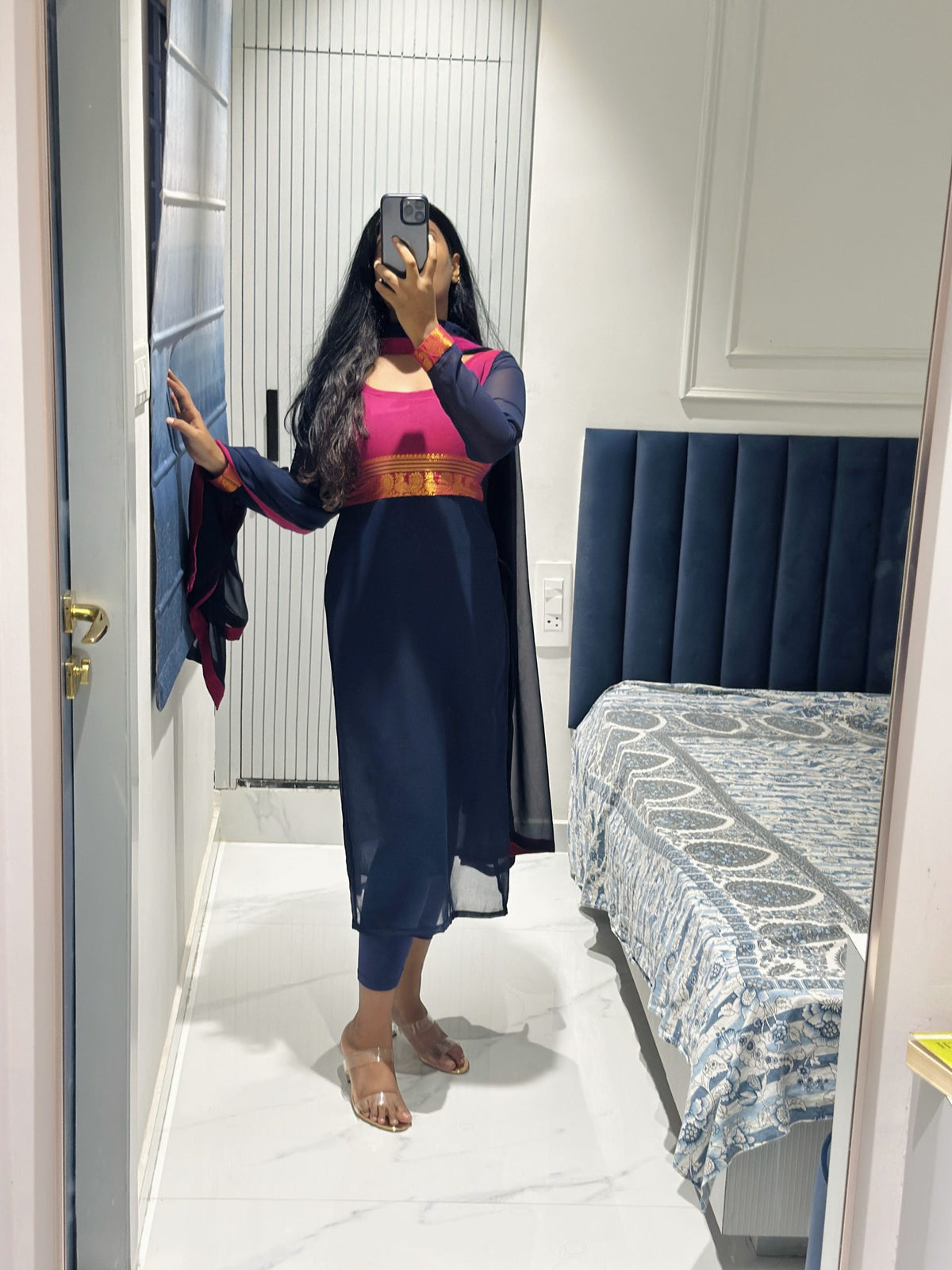 Dark blue yoke design kurta set in Chiffon – Kurta Set by Dharvi by Rachana