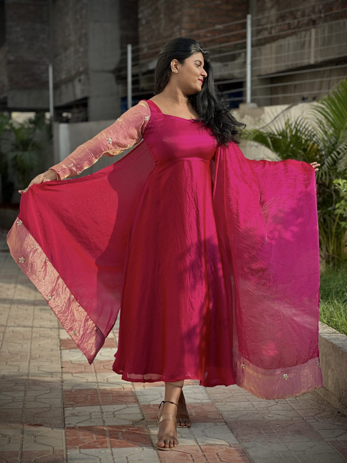 Berry pink space silk Anarkali set in Space Silk – Anarkali Set by Dharvi by Rachana (view 3)