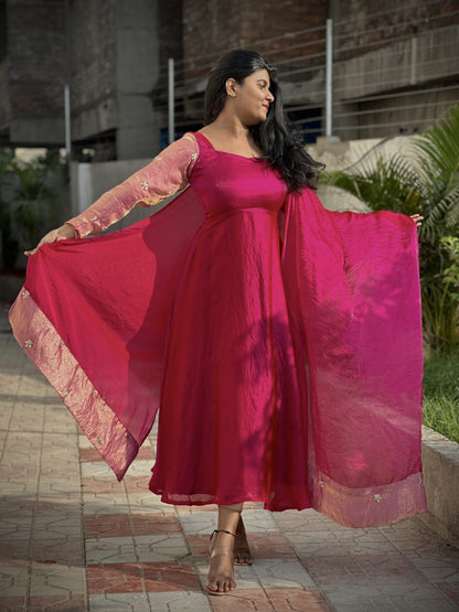 Berry pink space silk Anarkali set