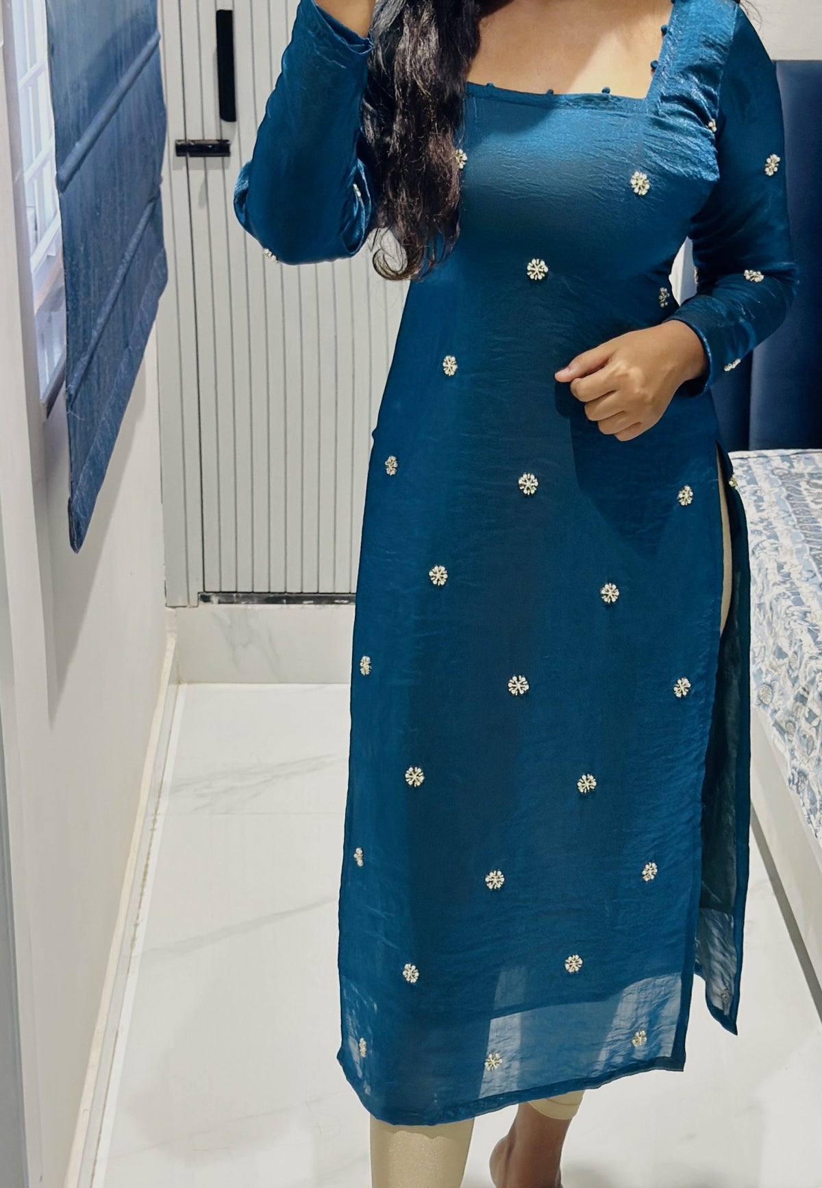 teal blue butta  embroidered kurti in Space Silk – Kurta Set by Dharvi by Rachana