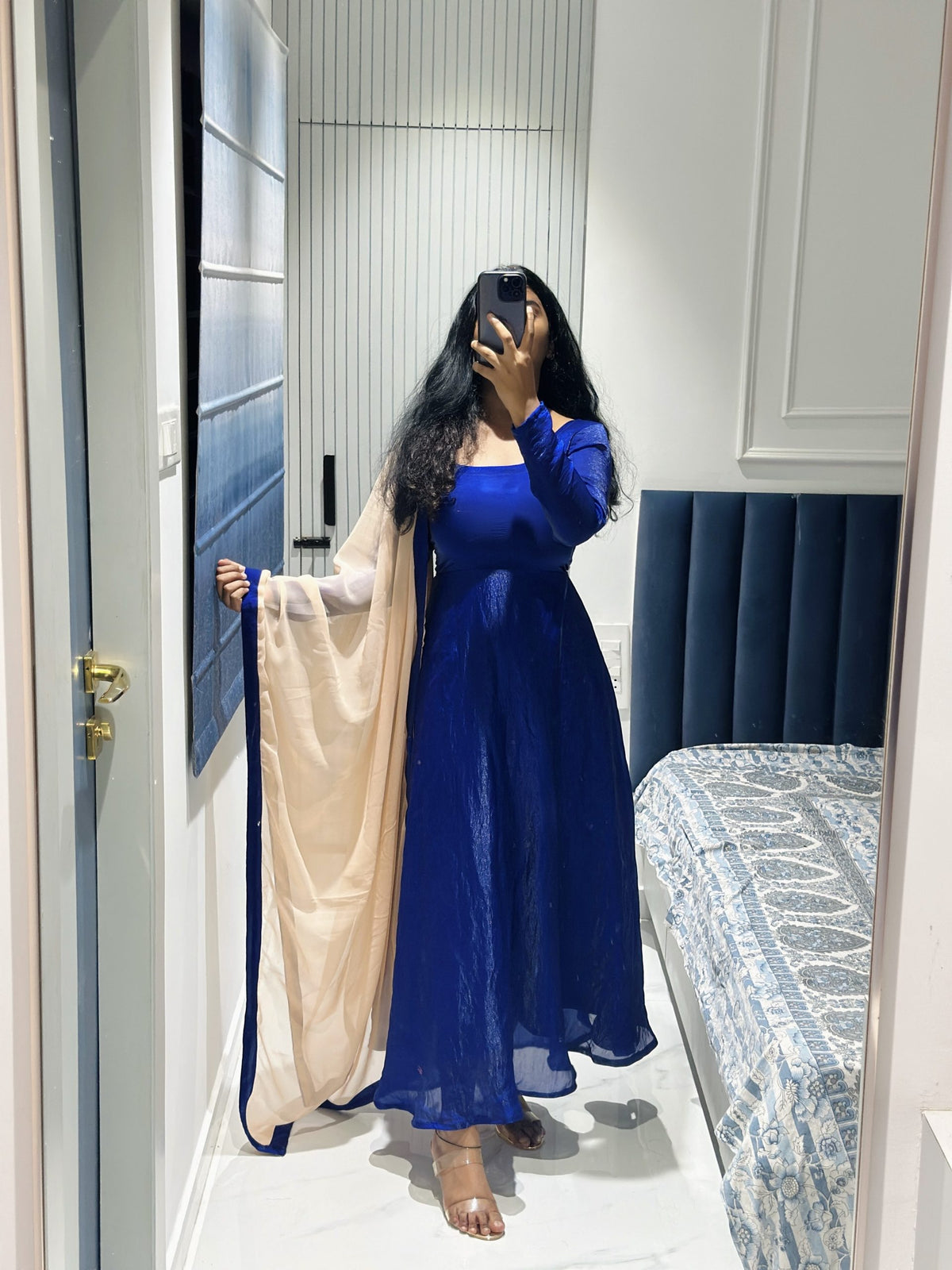Royal blue space silk Anarkali in Space Silk – Anarkali Set by Dharvi by Rachana