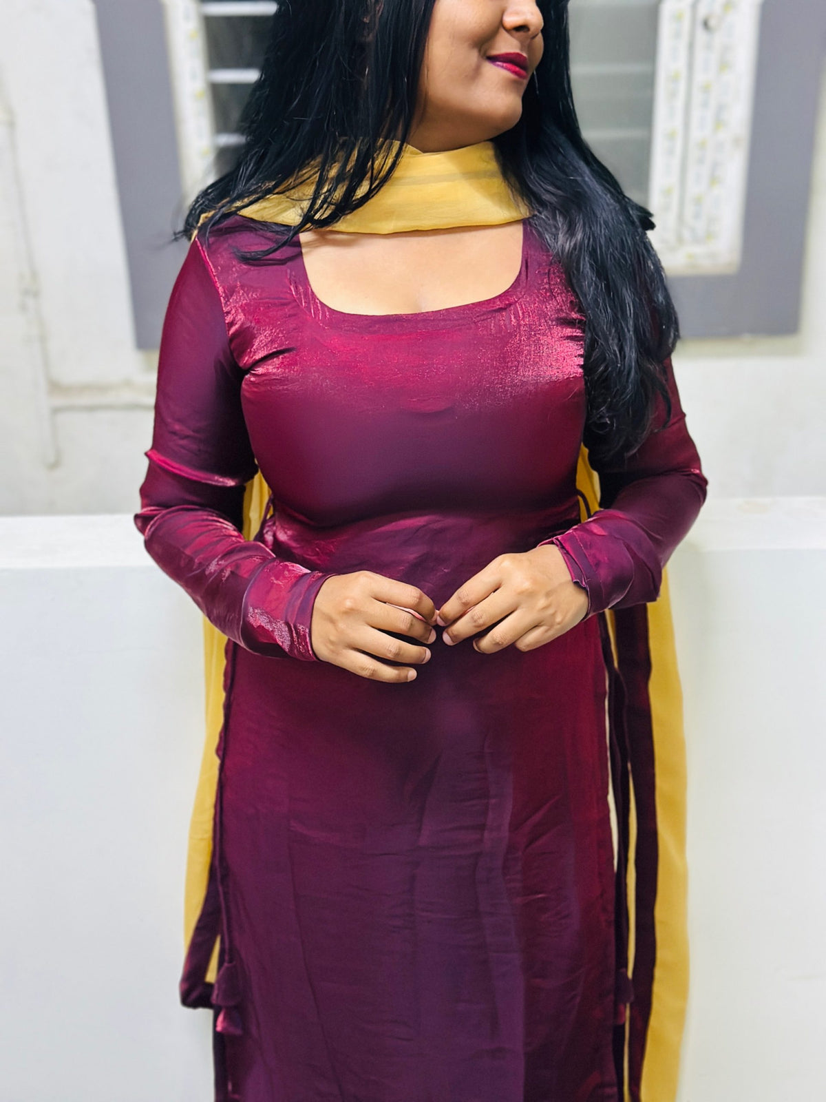 Dark maroon space silk kurta in Space Silk – Kurta Set by Dharvi by Rachana