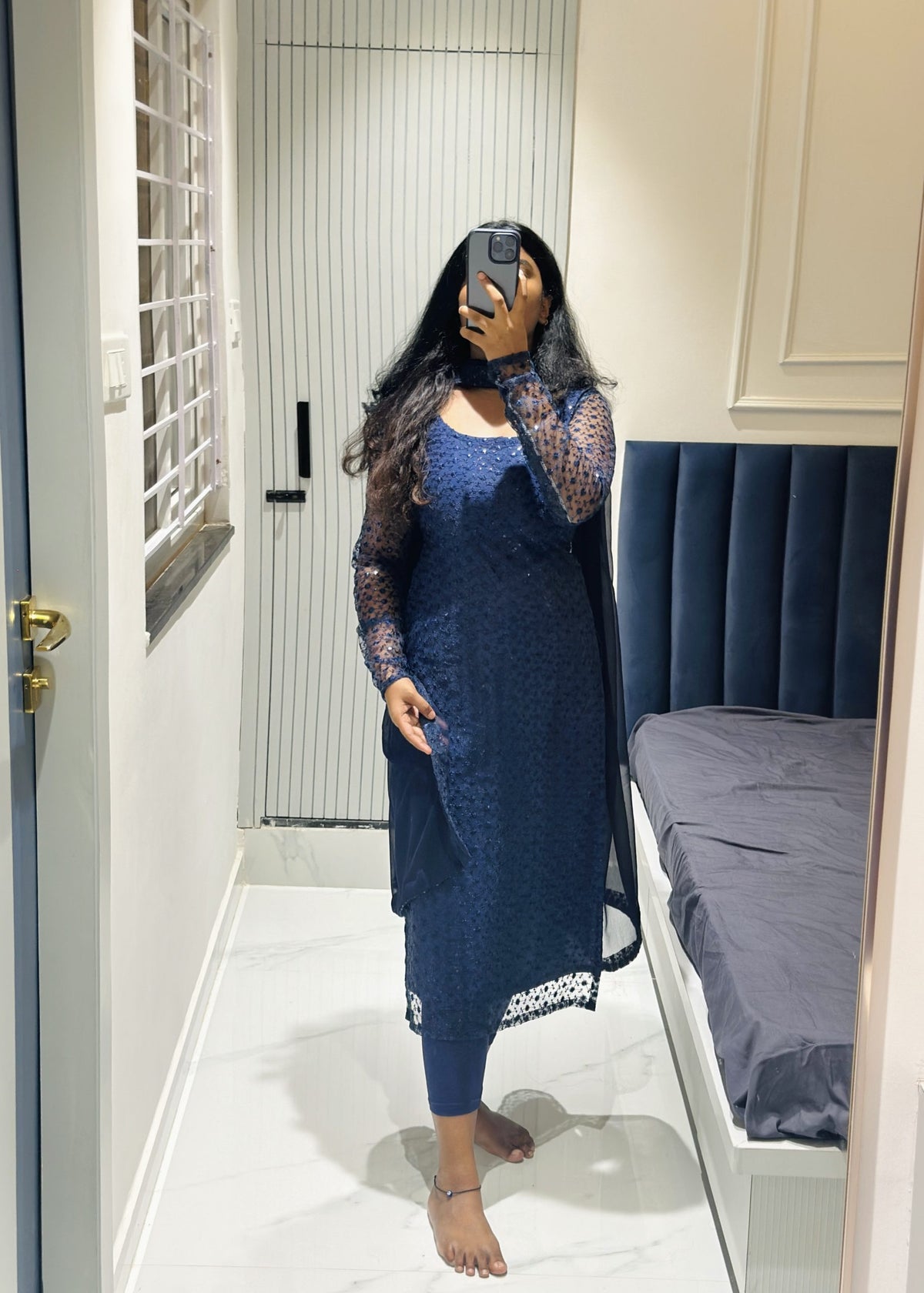 Blue sequins embroidered kurti set in Chiffon – Kurta Set by Dharvi by Rachana