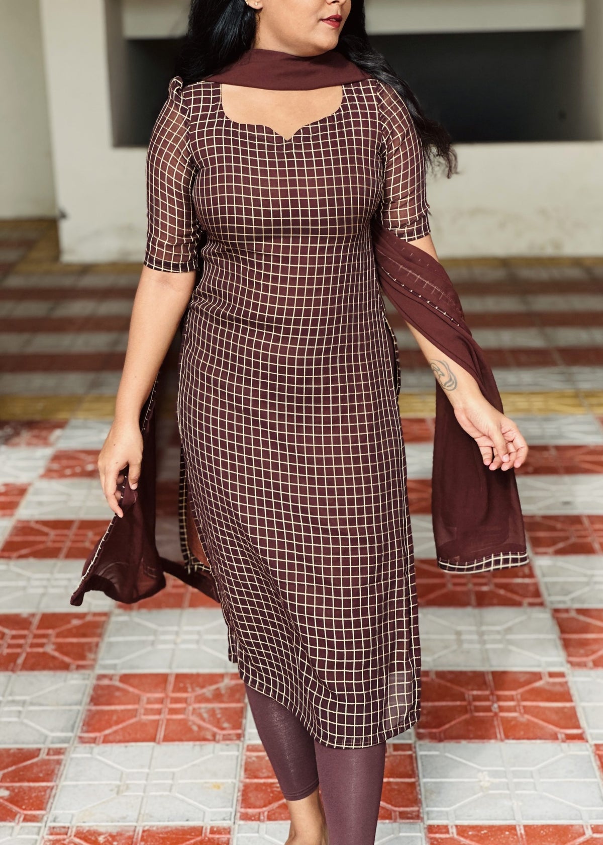 Mocha brown checks kurti set in Georgette – Kurta Set by Dharvi by Rachana