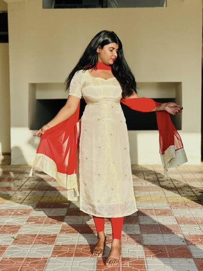 Crème butta embroidered kurti set