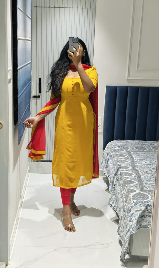 Mustard yellow georgette set in Soft Georgette – Kurta Set by Dharvi by Rachana