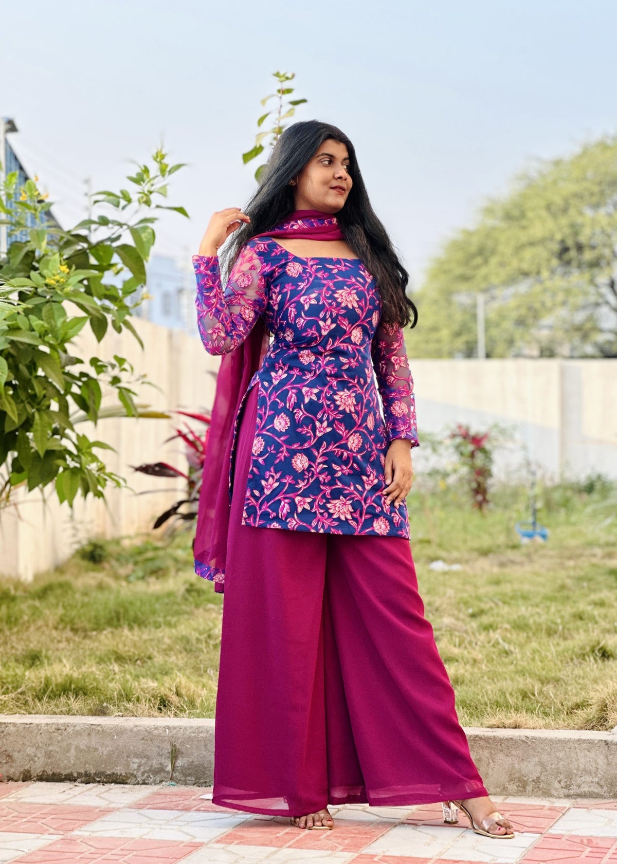 Neela purple kurta palazzo set in Georgette Net – Kurta Set by Dharvi by Rachana (view 3)