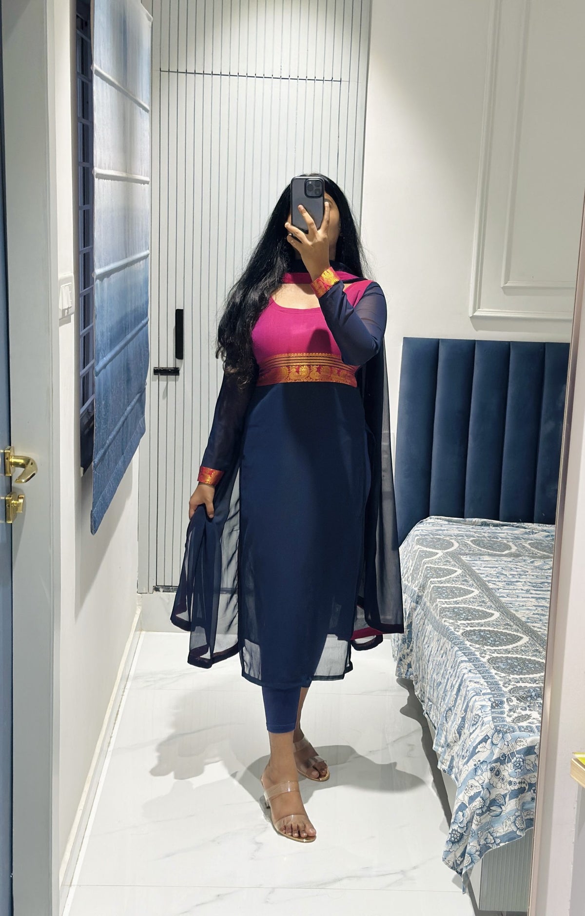 Dark blue yoke design kurta set in Chiffon – Kurta Set by Dharvi by Rachana (view 5)
