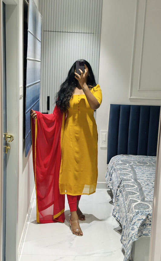 Mustard yellow georgette set in Soft Georgette – Kurta Set by Dharvi by Rachana (view 2)