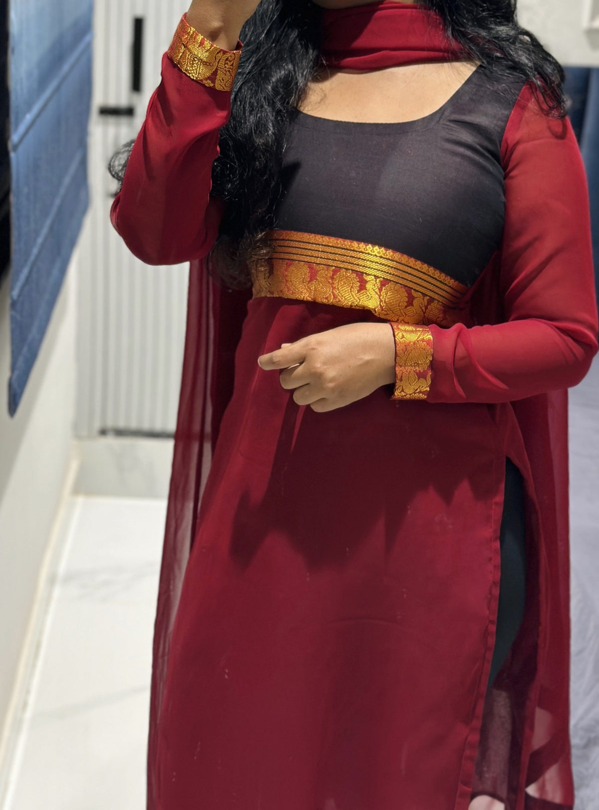 Maroon yoke design kurta in Chiffon – Kurta Set by Dharvi by Rachana