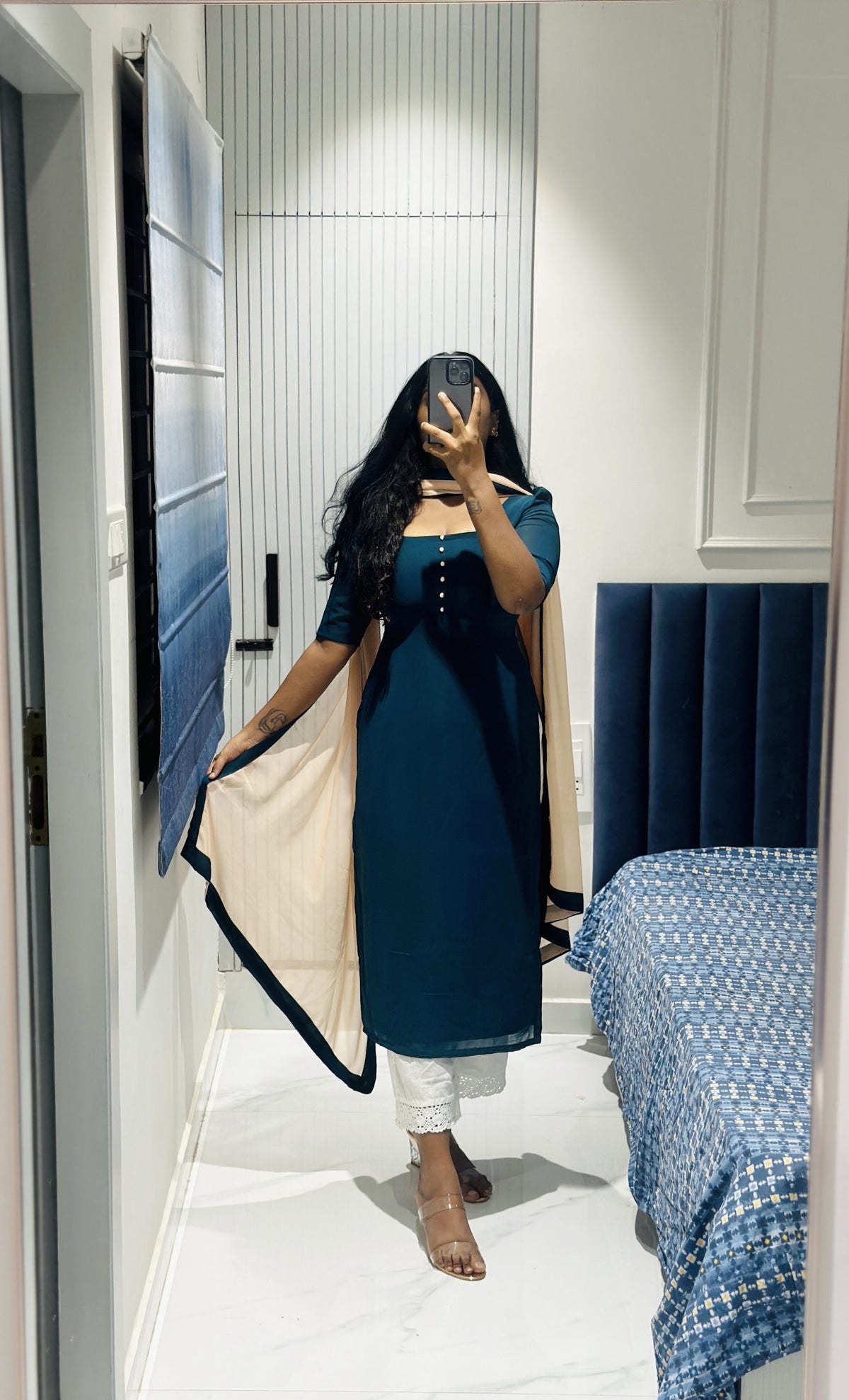 Peacock blue chiffon Kurti in Chiffon – Kurta Set by Dharvi by Rachana