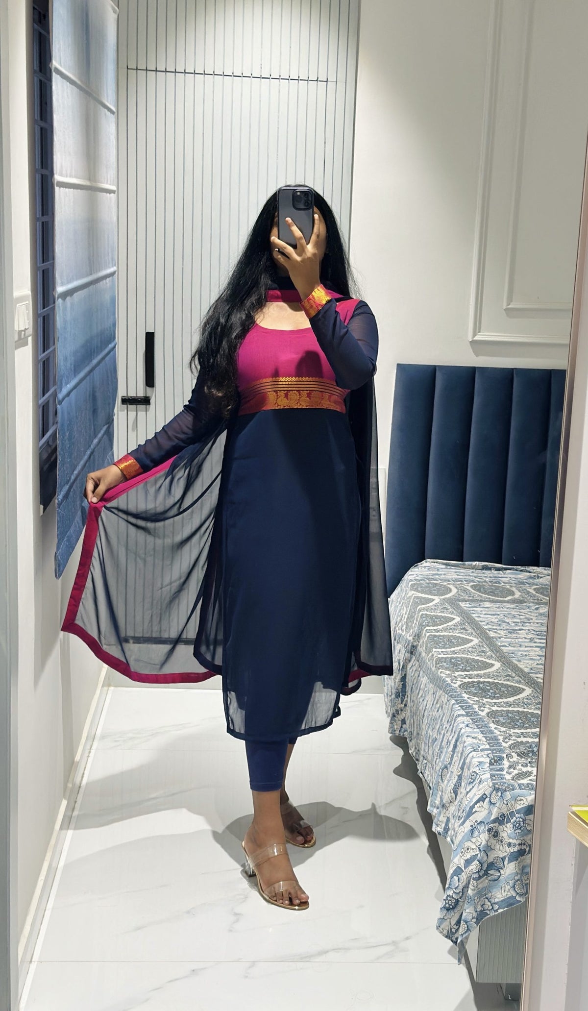 Dark blue yoke design kurta set in Chiffon – Kurta Set by Dharvi by Rachana (view 2)