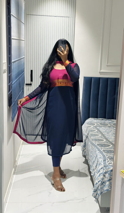 Dark blue yoke design kurta set