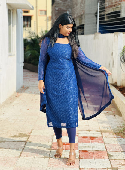 Dark blue shimmer georgette set