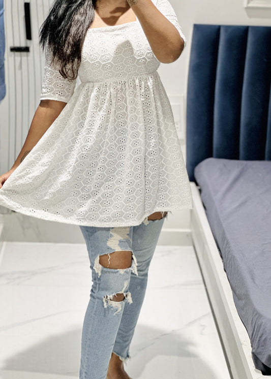 White hakoba short kurta in Cotton – Short Kurti by Dharvi by Rachana (view 2)