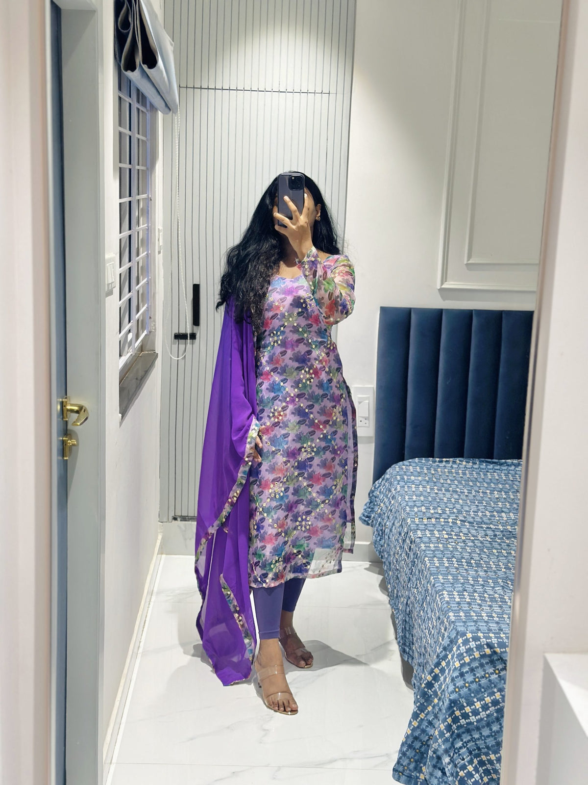 Lavender organza mirror embroidered kurti in Organza – Kurta Set by Dharvi by Rachana