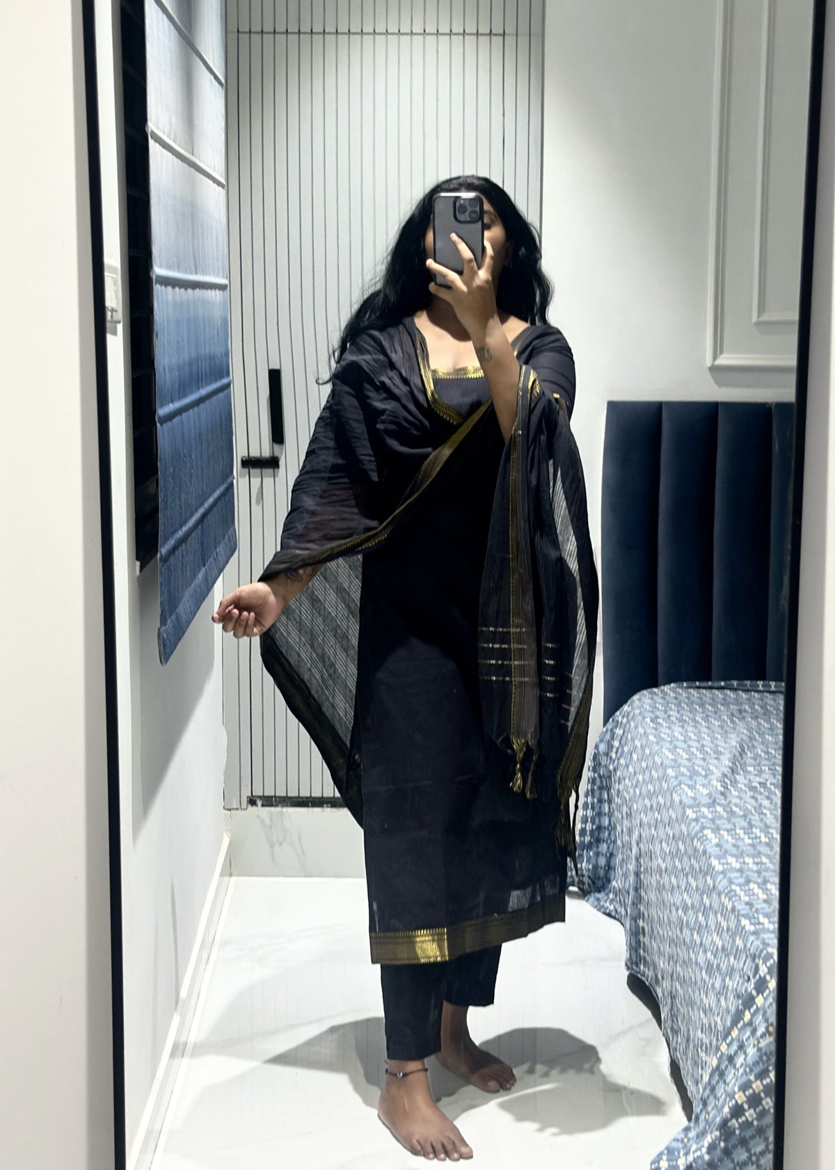 Black mangalagiri kurti set in Cotton – Kurta Set by Dharvi by Rachana